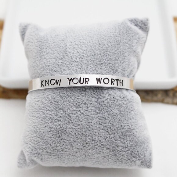 Know Your Worth - Hand Stamped Anodized Aluminum Bangle - Adjustable - Picture 11 of 11